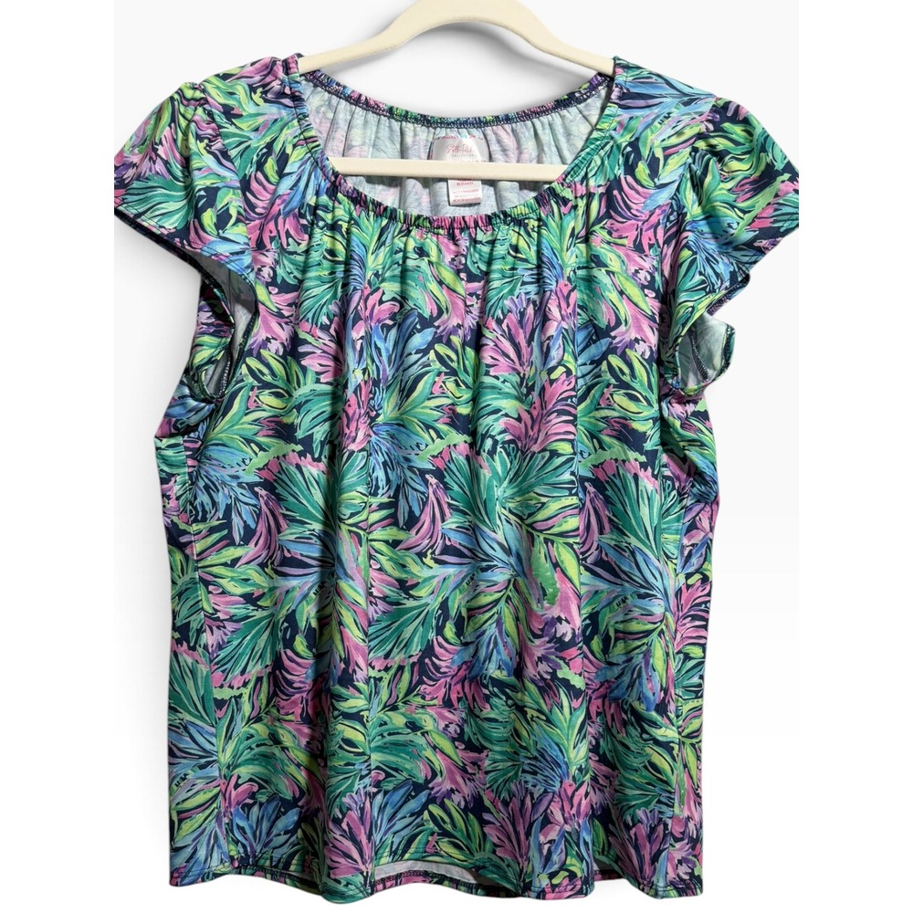 Stella Parker Collection Women L Tropical Palm Leaf Scoop Neck Short Sleeve Top